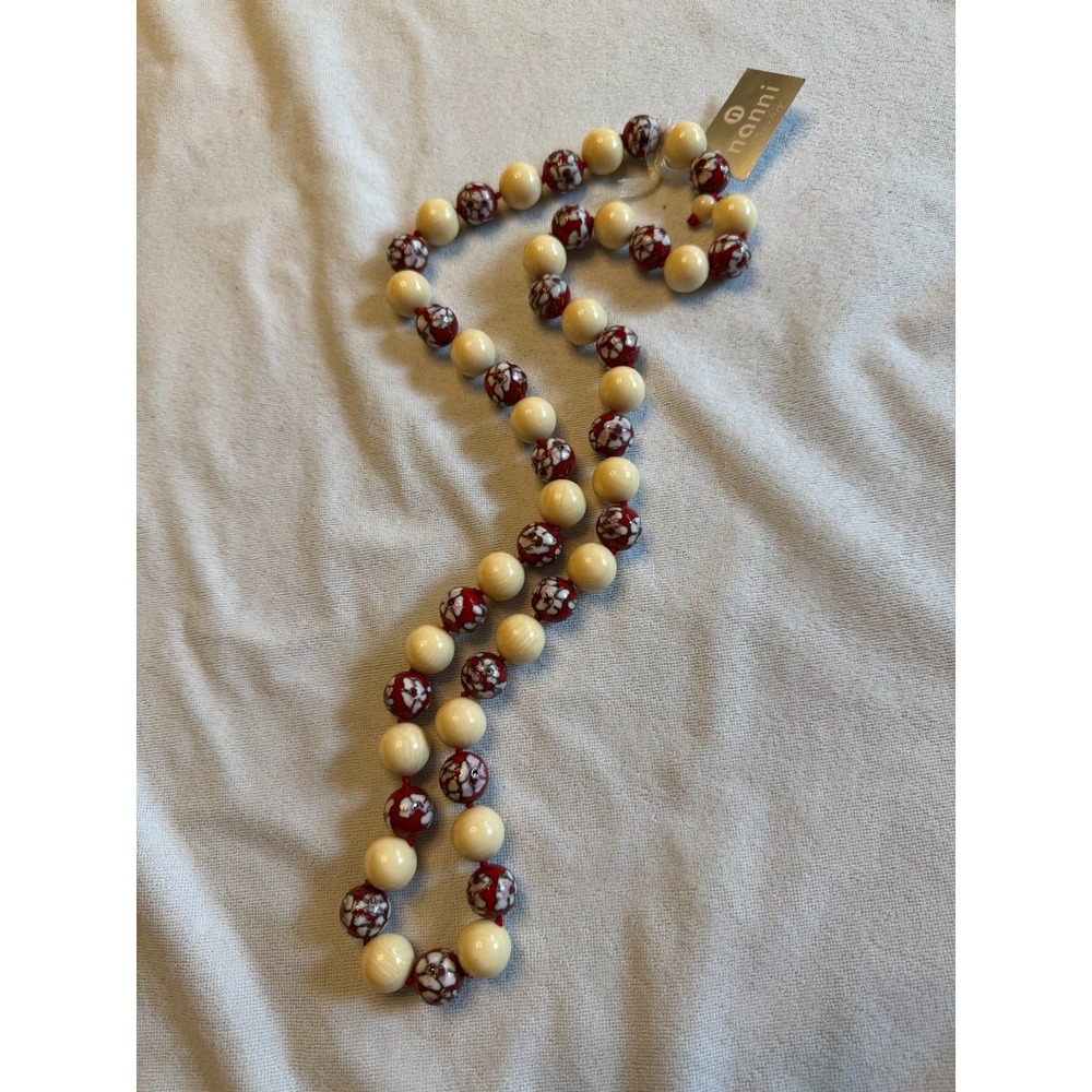 Vintage 30" Cloisonne Enamel/Porcelain Beaded Necklace Red White Hand Knotted